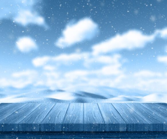 wooden table looking out snowy landscape