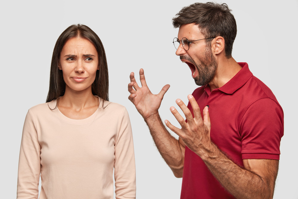 annoyed unshaven guy gestures with hands shouts girlfriend feels jeleaous gestures angrily