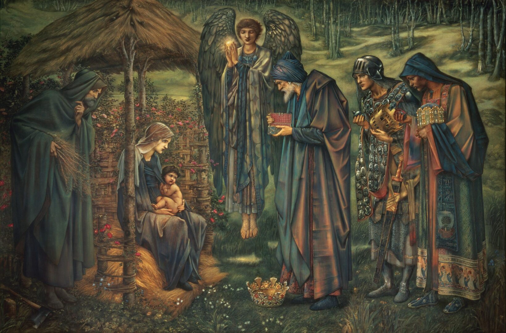 Jaslice v Birhmingham muzeju. Sveta Marija devica drži Jezusa v naročju. Na obisk so prišli sveti trije kralji.