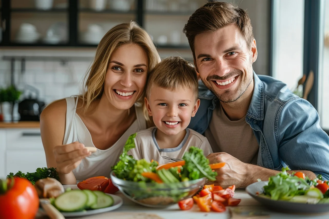 družina mama, oče in sin ob skledi solate z zelenjavo