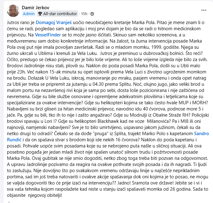 26-letnika s trajektom odpeljali v bolnišnico, kjer je umrl: Je predolgo čakal na prevoz? 2 trajekt