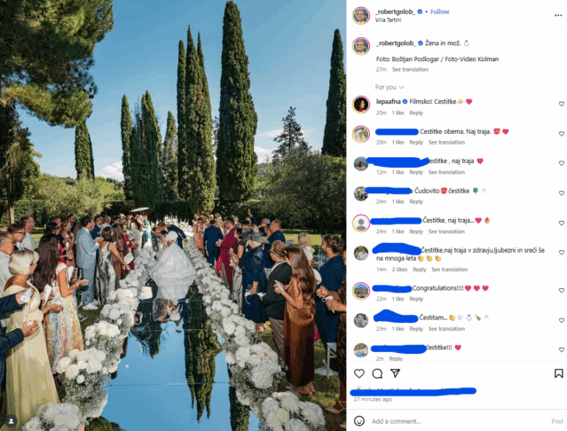 Prva fotografija s poroke leta 2 Posnetek zaslona: Instagram Robert Golob