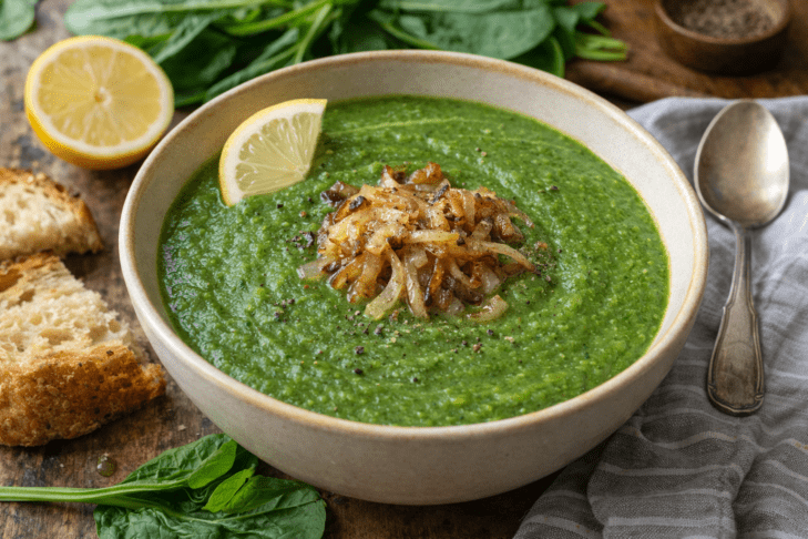 Vibrant spinach soup with garnishes