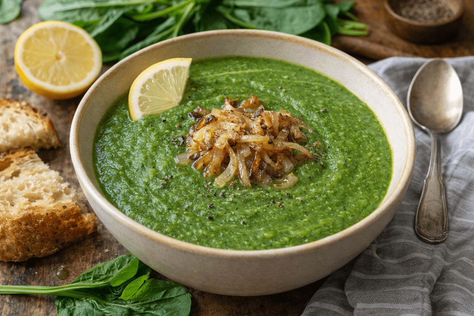 Vibrant spinach soup with garnishes