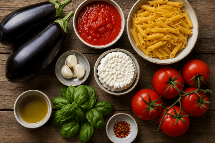 Pasta alla Norma: Sicilijanska klasika, ki združuje testenine, jajčevce in popolne mediteranske okuse (RECEPT) 2 Pasta alla Norma SESTAVINE JAJČEVEC MALANCAN PARADIŽNIK BAZILIKA PAŠTA PASTA ČESEN