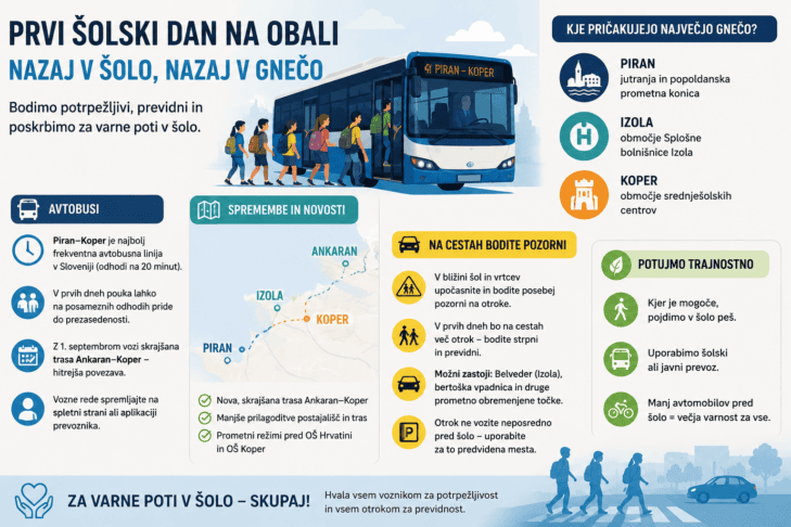 Nazaj v šolo, nazaj v gnečo: Kaj prvi šolski dan čaka voznike in potnike na Obali 2 prvi šolski dan