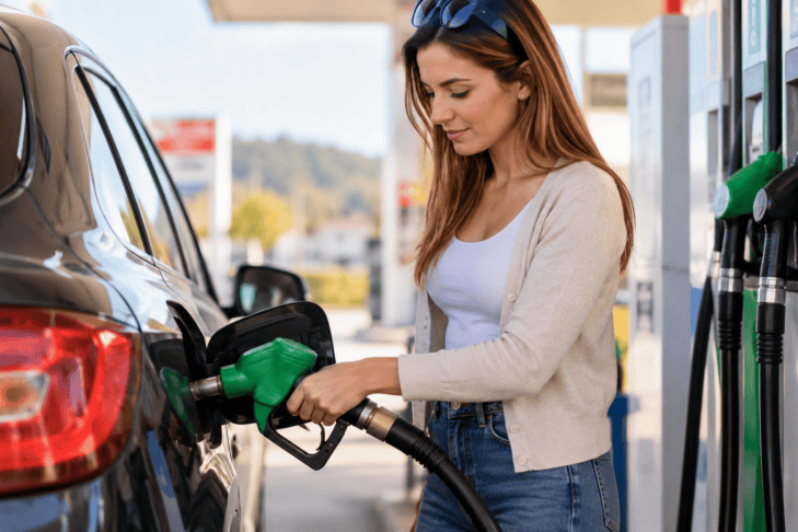 Woman Refuelling Car at Modern Petrol Station